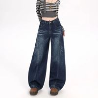 Harga Grosir Celana Jeans Wanita Anti-Kerut Warna Biru Tua Model Curved Knife Gaya Retro Amerika, Celana Jeans Wanita Model Wide Leg Panjang Sampai Kaki