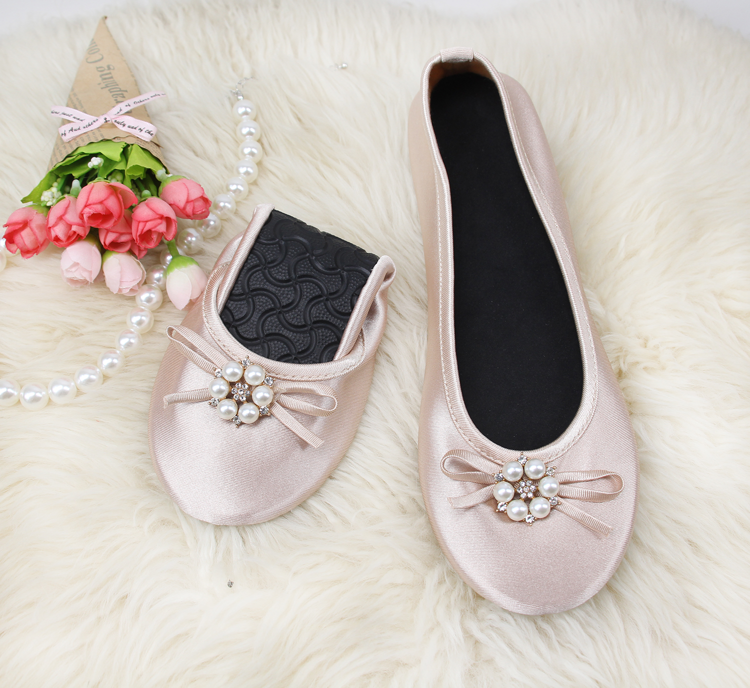 Untssiw Ballerine da donna pieghevoli e portatili, arrotolabili, con custodia da viaggio, ballerine da donna, colore: nero, argento, oro, rosa, Oro champagne., X-Large