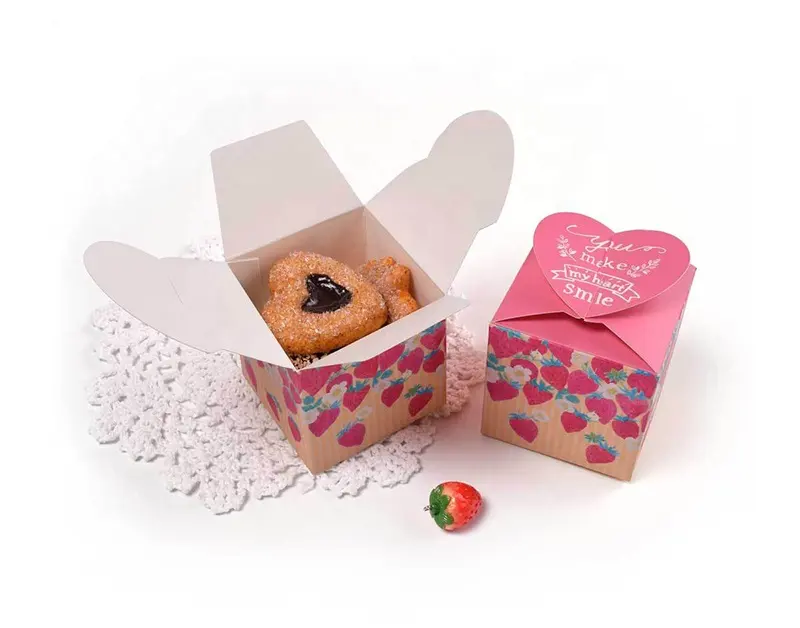 사각형 귀여운 딸기 패턴 미니 선물 저장 상자 만화 핑크 심장 접는 포장 과자 선물 종이 상자