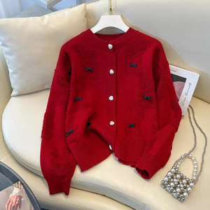 Nouveau cardigan en jacquard tricoté pour <span class=keywords><strong>femme</strong></span>, printemps/automne, décontracté, à simple boutonnage, fin, avec longue nœud, longueur hiver - Product Image 2