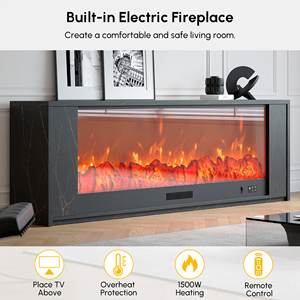 Meuble TV avec cheminée électrique intégrée AJUNION, bois d'ingénierie, placage de marbre, <span class=keywords><strong>console</strong></span> multimédia, unité TV avec télécommande - Product Image 2