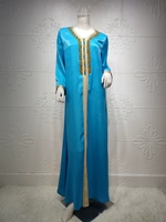 Robe longue de soirée Abaya élégante et modeste pour femmes du Moyen-Orient, col en V, ornée de strass et de tresses, manches longues, style islamique