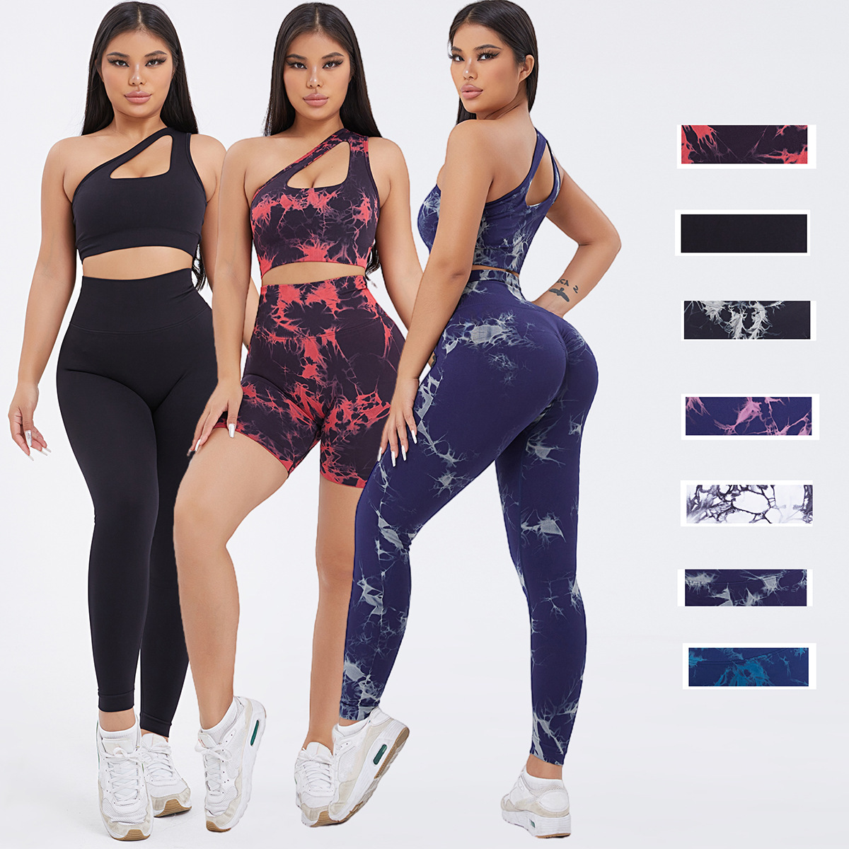 New Sports Vest 3-Piece Set Seamless One-shoulder Tie-Dye Solid Quick-drying Tight Hip Shorts Yoga Clothing Fitness Suit