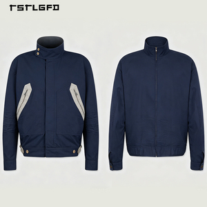Custom Navy Blue <b>Utility</b> <b>Jacket</b> Stand Collar Full Zip Dual Zip Chest Pockets Adjustable Cuffs Unisex <b>Jacket</b> - Product Image 2