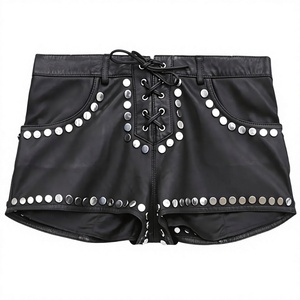 High Waist <b>Black</b> studded <b>Leather</b> <b>Shorts</b> With Rivet Details Lace-Up Front Moto Biker Style Women's <b>Shorts</b> - Product Image 1