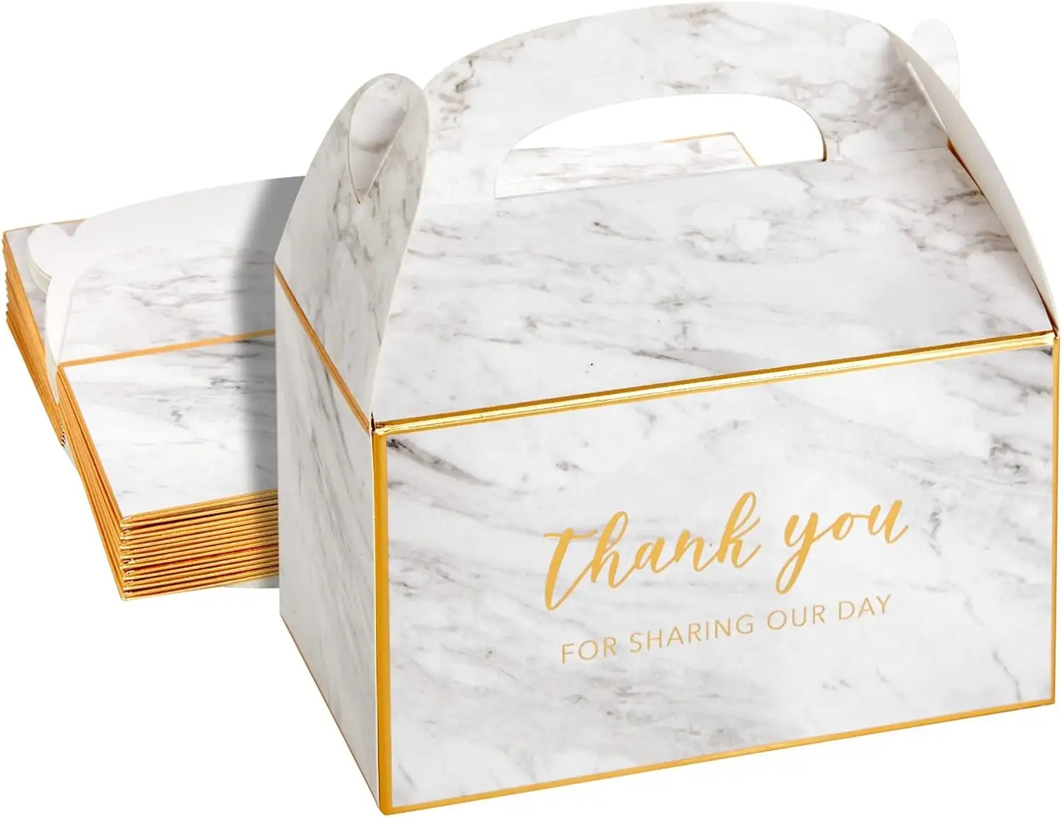 Custom White Party Favor Gable Boxes custom made gift boxes gold foil Thank You Gift paper box with handle