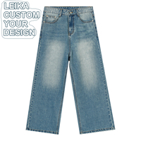 Produsen Jeans Denim Biru Ukuran Besar Wanita Pria Kustom OEM Berkualitas Tinggi Streetwear Kaki Lebar Longgar Lurus Model Baggy