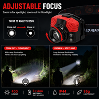Lampe frontale LED COB rouge zoomable 400 lumens pour la randonnée, la chasse et le camping