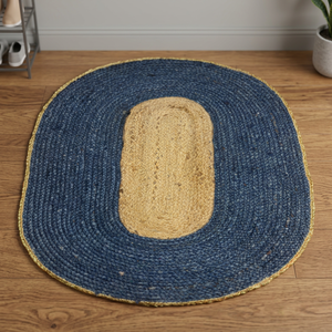 Tapis ovale en jute bleu, tressé, couleur unie, style farmhouse, antidérapant, à poils plats, pour salon - Product Image 2