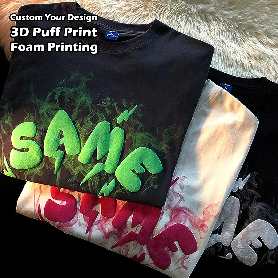 Alta calidad en blanco 100% algodón OEM negro Boxy camiseta personalizada 3D espuma Puff impresión Logo Unisex hombres de manga corta talla grande T-Shi