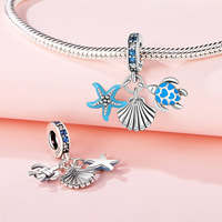 Direct usine Ensemble de breloques océaniques en argent sterling 925 et zircon, motifs tortue de mer, étoile de mer, sirène, perles pour bracelet européen, cadeau, bijoux DIY