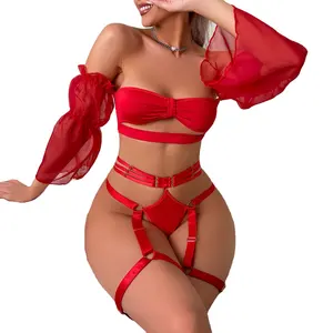 Jiandao set di biancheria intima da donna Sexy di san valentino con maniche a sbuffo in rete trasparente