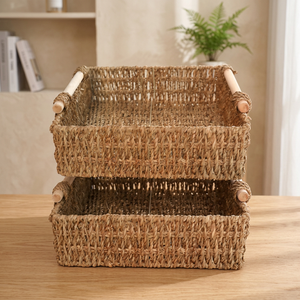 Cesta de Almacenamiento Rectangular de Mimbre Natural con Asas, Contenedor Organizador Rústico Multiusos - Product Image 4