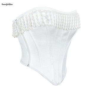 Tessuto satinato sovrastato corsetto da donna Crop <span class=keywords><strong>Top</strong></span> <span class=keywords><strong>bianco</strong></span> perla con perline da sposa con corsetto bustino con cerniera - Product Image 1