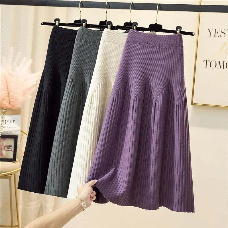 Autumn Winter Korea style women knit causal pleated skirt A-line solid color dress fashion lady's elegant casual long skirt