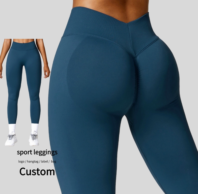 Venta al por mayor sin costuras espalda V cintura Yoga Leggings costura fruncida Levantamiento de cadera medias deportivas mallas atléticas Fitness entrenamiento Leggings