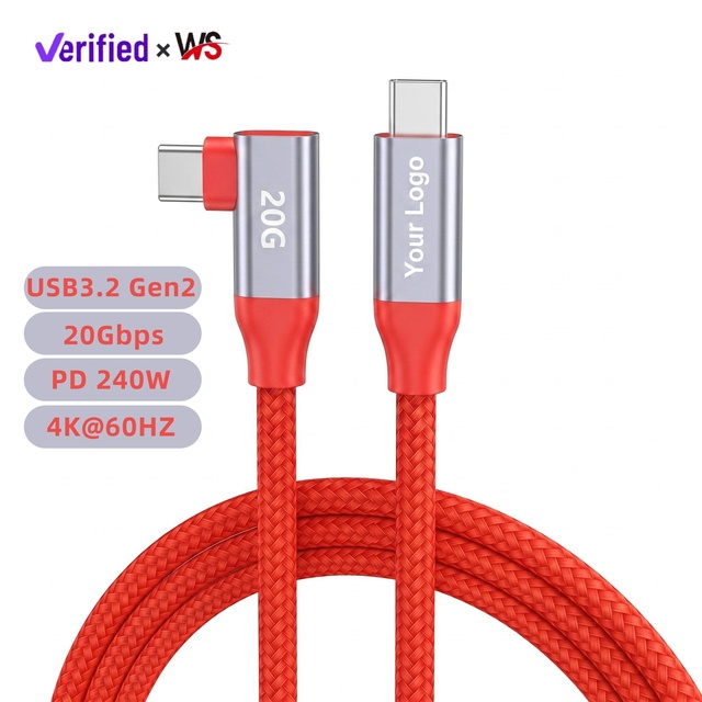 Premium Nylon Braided 90 Degree USB 3.2 20Gbps Type C Quick Charger Cable PD 100W 240W High Speed Sync Lead for Macbook iPhone