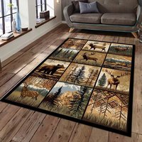 Tapis de sol rectangulaire en polyester à poils ras, antidérapant et lavable, motif Forêt et Faune, pour salon