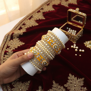 Women's <b>Gold</b> Plated Kundan Stone and Pearl Acrylic <b>Bangles</b> <b>Set</b> 11151735GR_2.6 Fashion Jewelry - Product Image 3