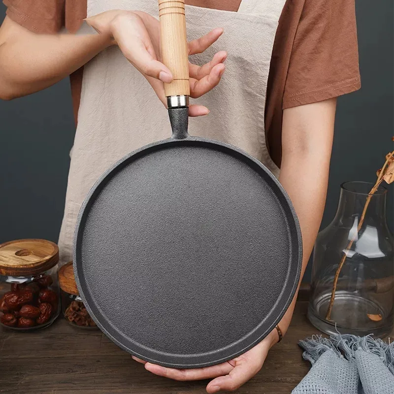 26cm Küche Langlebig Antihaft Schwarz Runde Pfanne Gusseisen Kochgeschirr Pfannkuchen Krepp Holzgriff Bratpfanne