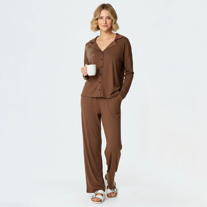 Pigiami Personalizzati per Donne, Set Camicia e Pantaloni in <span class=keywords><strong>Cotone</strong></span> Organico e Spandex, Abbigliamento da Notte, Completo 2 Pezzi per Relax e Sonno - Product Image 4