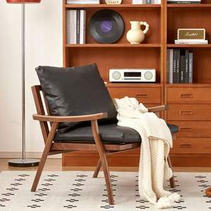 Sillón de Diseño, Madera Maciza, Cuero Genuino, Estilo Retro, Sillón para Sala de Estar, Estructura de Soporte Duradera - Product Image 1