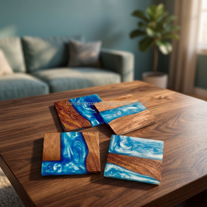 Dessous de verre en résine époxy d'art ancien fait à la main avec des tapis et des tampons en bois créés par des artisans - Product Image 3