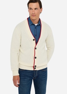 <span class=keywords><strong>Cardigan</strong></span> da Uomo con Collo a V e Bordi Decorativi in Crema con Profili Rossi, Maglione Classico con Bottoni in Fine Misto Cashmere e Cotone per il Moderno - Product Image 4