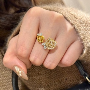 Bague double rose pour femme en argent sterling S925, style vintage antique, incrustation de diamants complets, forme de diamant taillé, accessoire de luxe polyvalent - Product Image 2