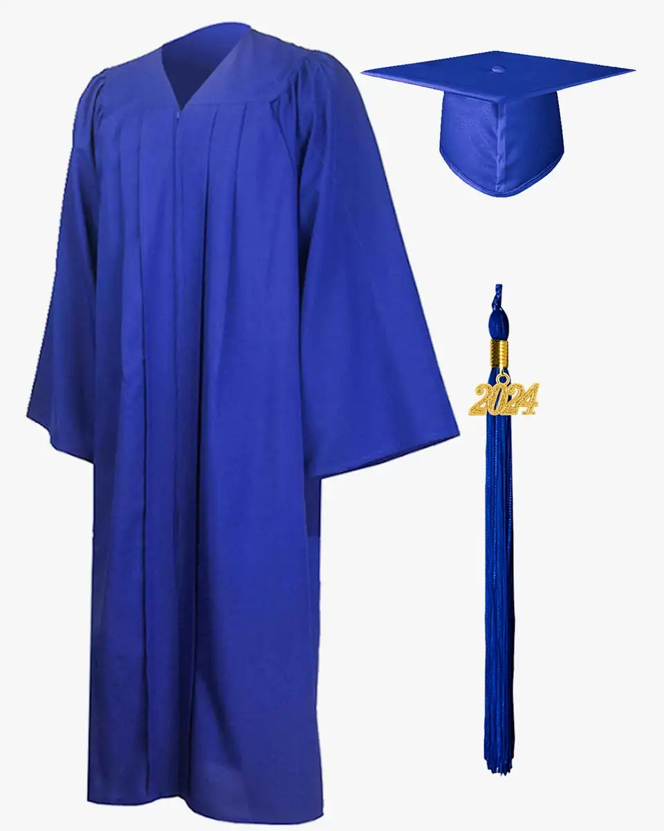 Seragam kustom Royal Blue wisuda disesuaikan grosir Navy Blue University gaun kelulusan akademis dan topi