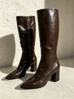 Bottes hautes à talon carré et bout carré, marron chocolat, avec fermeture éclair latérale, pour femme, automne-hiver, chaussures de ville, OEM ODM