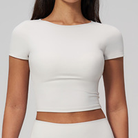 Maßgeschneidertes Logo Slim Fitness Navel Bare Crop Top Einfarbig Hochelastisch Atmungsaktiv für Damen Workout Yoga T-Shirt Trainingskleidung