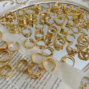 Mode Cincin Perhiasan Sederhana Desain Terbuka Dapat Disesuaikan Ukuran Cincin Berlapis Emas untuk Pria atau Wanita