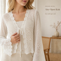 Cardigan blanc en crochet personnalisé OEM ODM pour femme, col en V à nouer, manches longues évasées, maille ajourée, coupe courte, style cache-cœur