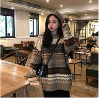 빈티지 스웨터 여성 풀오버 겨울 스트라이프 점퍼 한국 스타일 느슨한 니트웨어 캐주얼 느슨한 스웨터 풀 스웨터
