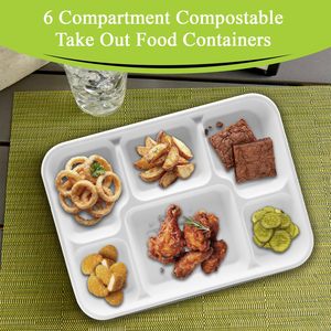 Plateau repas en bagasse robuste à 6 compartiments pour la vente en gros |   Plateau repas jetable en fibre de canne à sucre biodégradable pour restaurants - Product Image 2
