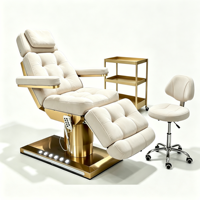 Fauteuil de beauté chauffant électrique en velours à 3 moteurs, lit facial inclinable avec base dorée, chaise de salon avec tabouret et chariot pour institut de beauté et spa