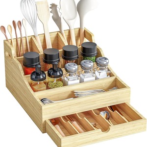 Wooden Kitchen Utensil <b>Rack</b> With Drawer Storage Box For Countertop Organization And Spice Jar Holder - Product Image 1