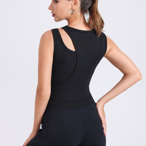 Lyocell Women's Yoga Top Crew Neck Ribbed Cut Out With Bra Support Tight Fit For Fitness And Workout - Product Image 4