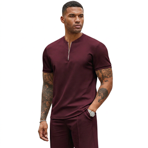 Conjunto de Pantalones y Top de Manga Corta con Cuello de Punto y Cierre de Cremallera para Hombre, Color Borgoña, Ropa Casual de Verano, Transpirable, de Color Sólido, Dos Piezas - Product Image 2