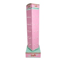 Présentoir publicitaire rotatif à 4 faces en carton ondulé pour bonbons, personnalisé, écologique, avec crochets métalliques et base carrée, pour vente au détail de sucettes