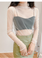 Chemisier à manches longues en maille transparente pour femme, motif uni, style décontracté, haut en dentelle noire, printemps automne