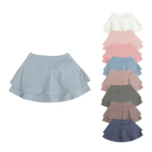 Custom Logo Children Clothes Summer Solid Color Tennis Skirts Layered Ruffle Mini Skirts Baby Girls Yoga Dress Leggings