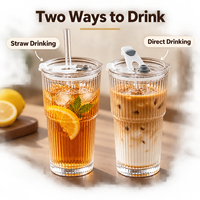 Gobelet en verre de 600 ml avec paille et couvercle, transparent, à nervures, pour café et boissons froides, vente en gros, logo personnalisé