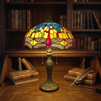 Lampu Meja Resin Desain Capung Kaca Patri Gaya Eropa 16'' untuk Ruang Belajar, Ruang Makan, Ruang Tamu