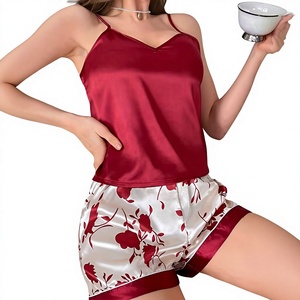 Women Satin Floral Robe Set V-neck Cami Shorts 2-Piece Luxury Sleepwear Summer Wear Breathable Drawstring Closure - Product Image 1