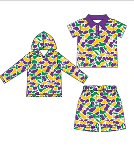 Conjunto de 2 Piezas para Niños Pequeños, Sudadera con Capucha/Polo y Pantalones Cortos, Estampado de Camuflaje de Cangrejo de Río y Cocodrilo para Mardi Gras, Venta al Por Mayor - Product Image 4
