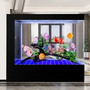 Pabrik Kustom layar kaca akuarium besar sistem penyaring tangki bebas dari perubahan air dengan dekorasi lampu rumah