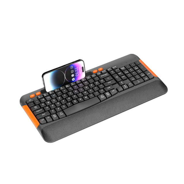 New Ergonomic Full Size Membrane 107-Key 2.4G Wireless Keyboard Cushioned Palm Rest Programmable Phone Holder Compatibility USB