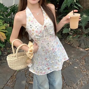 Summer Floral Embroidered V-Neck Halter Camisole For Women Backless Top Lightweight Polyester Summer Wear - Product Image 1